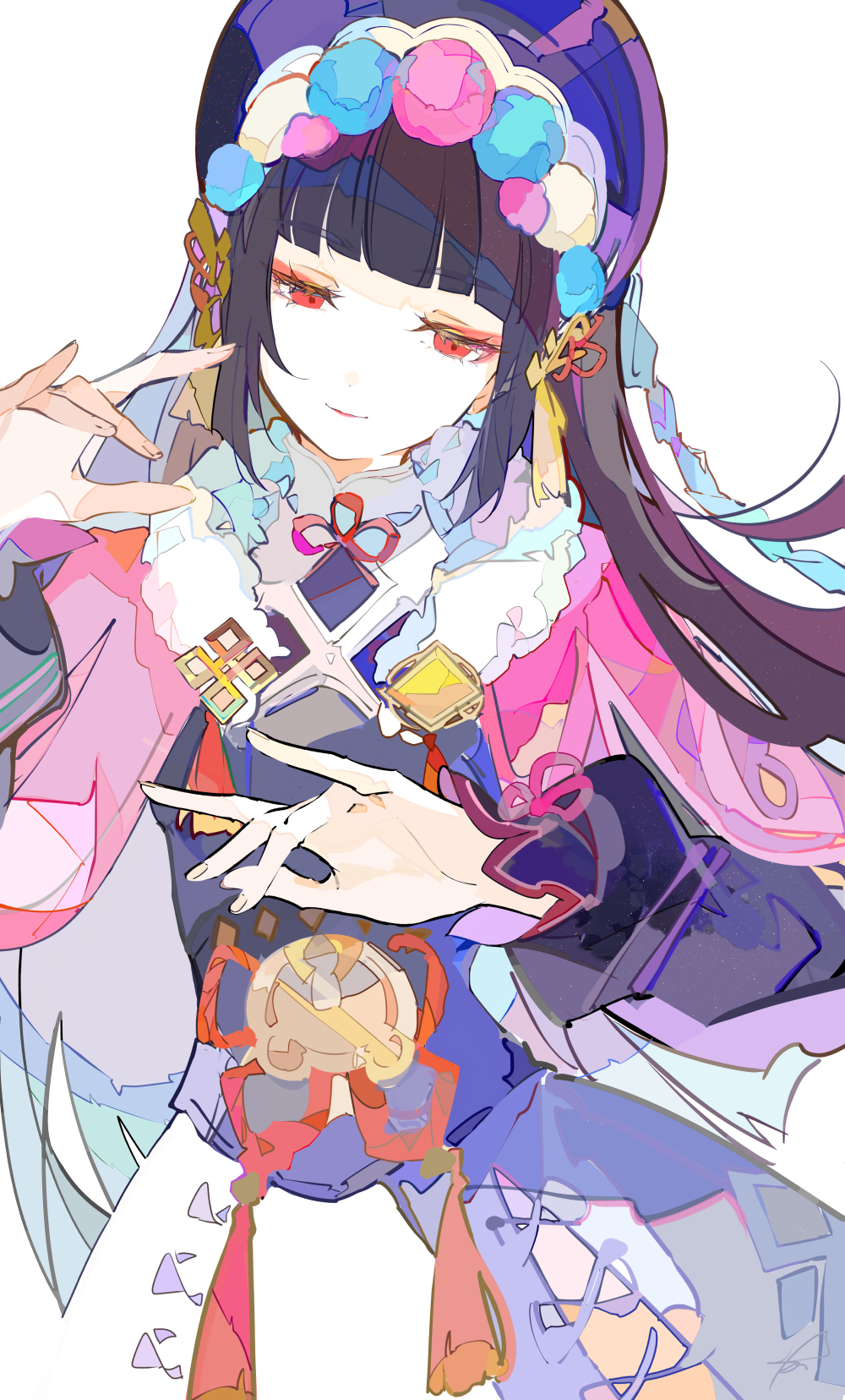 1girl, black_hair, black_headwear, blunt_bangs, bonnet, capelet, cowboy_shot, eyeshadow