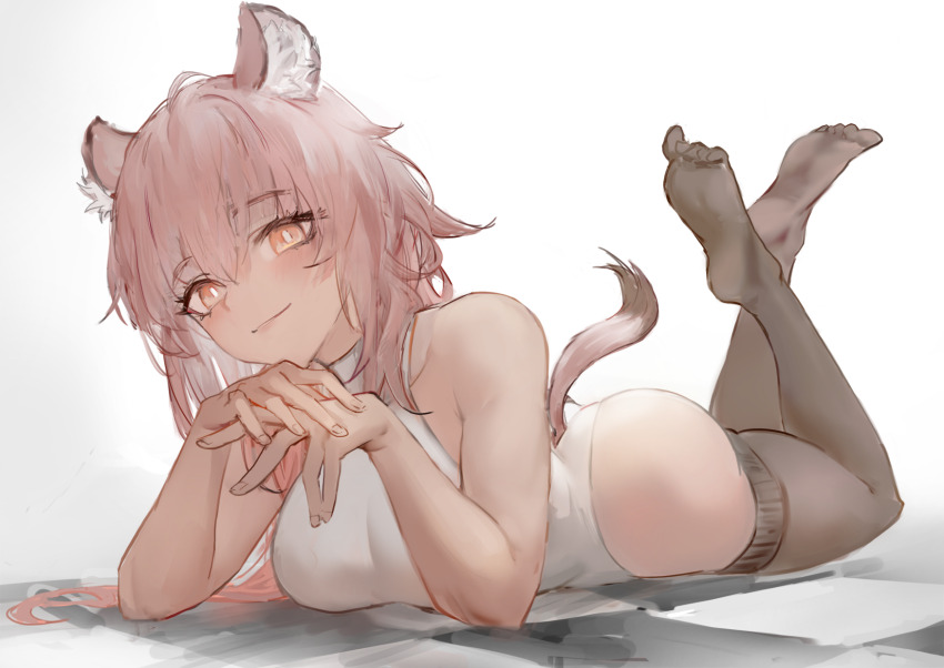 1girl, animal_ear_fluff, animal_ears, arknights, bare_shoulders, black_thighhighs, blush, breasts, gnai, gravel_(arknights), hair_between_eyes, highres, leotard, long_hair, looking_at_viewer, lying, medium_breasts, on_stomach, pink_hair, prairie_dog_ears, smile, soles, solo, tail, thighhighs, white_leotard