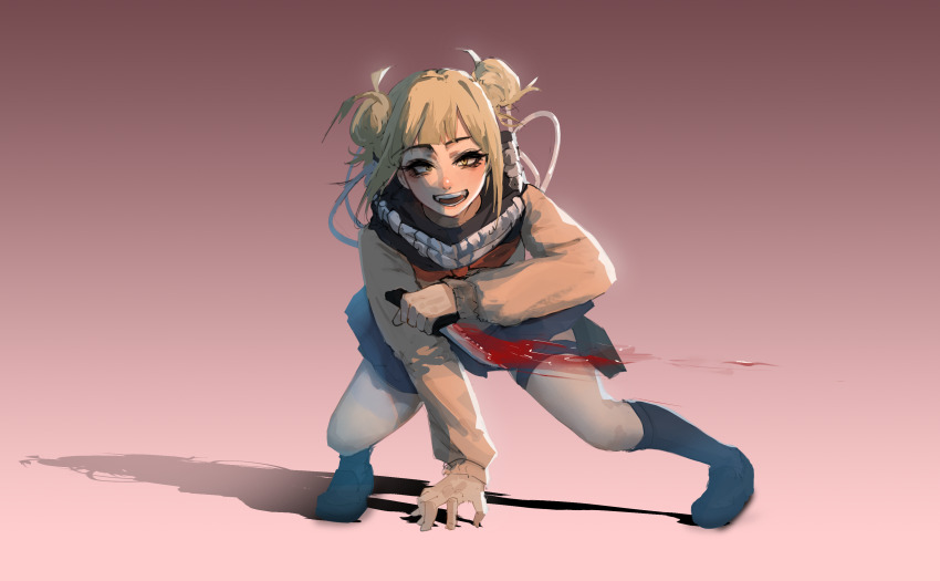 1girl, absurdres, bags_under_eyes, blonde_hair, blood, bloody_weapon, blue_sailor_collar, blue_skirt