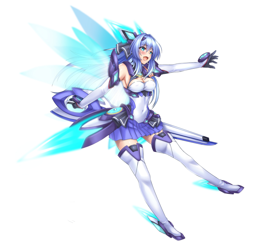 1girl, :d, black_gloves, blue_eyes, blue_hair, blue_skirt, blue_wings, boots