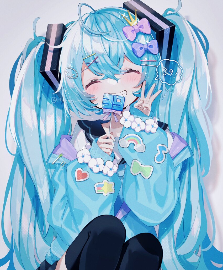 1girl, 39, aqua_hair, black_thighhighs, blue_jacket, bow, candy, closed_eyes