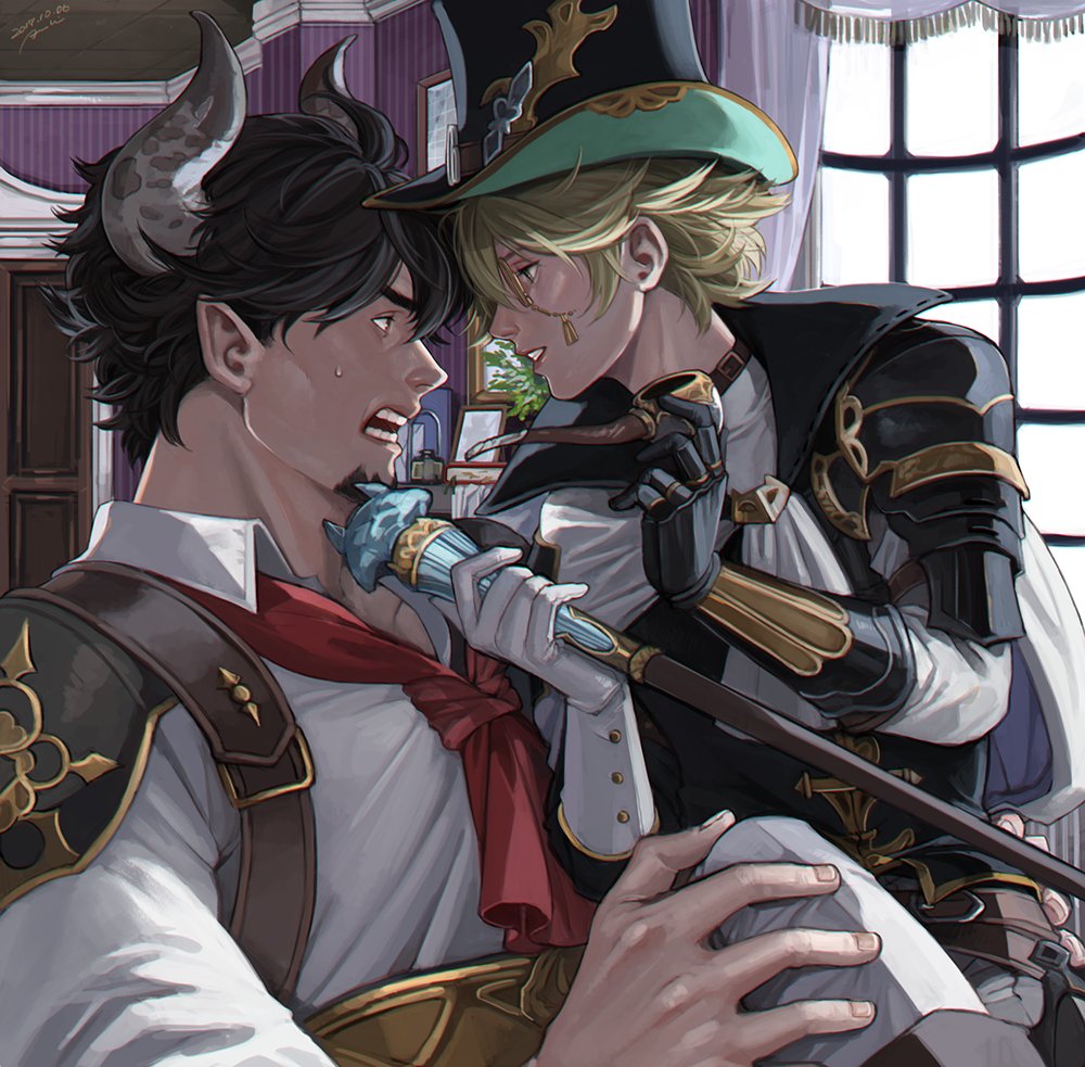 2boys, armor, ascot, bara, barawa, black_hair, black_jacket, blonde_hair