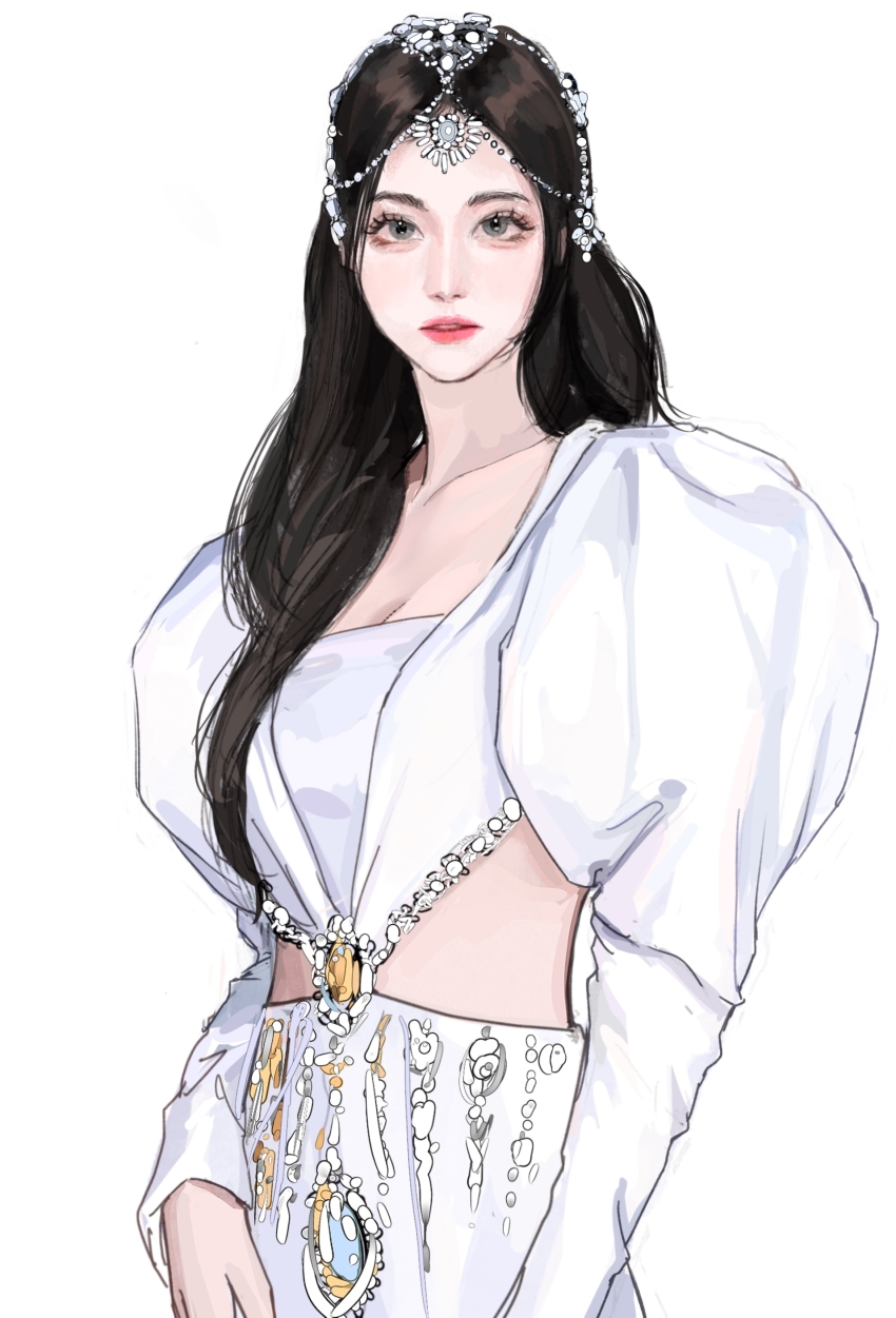 1girl, absurdres, black_hair, breasts, cleavage, collarbone, dress, grey_eyes