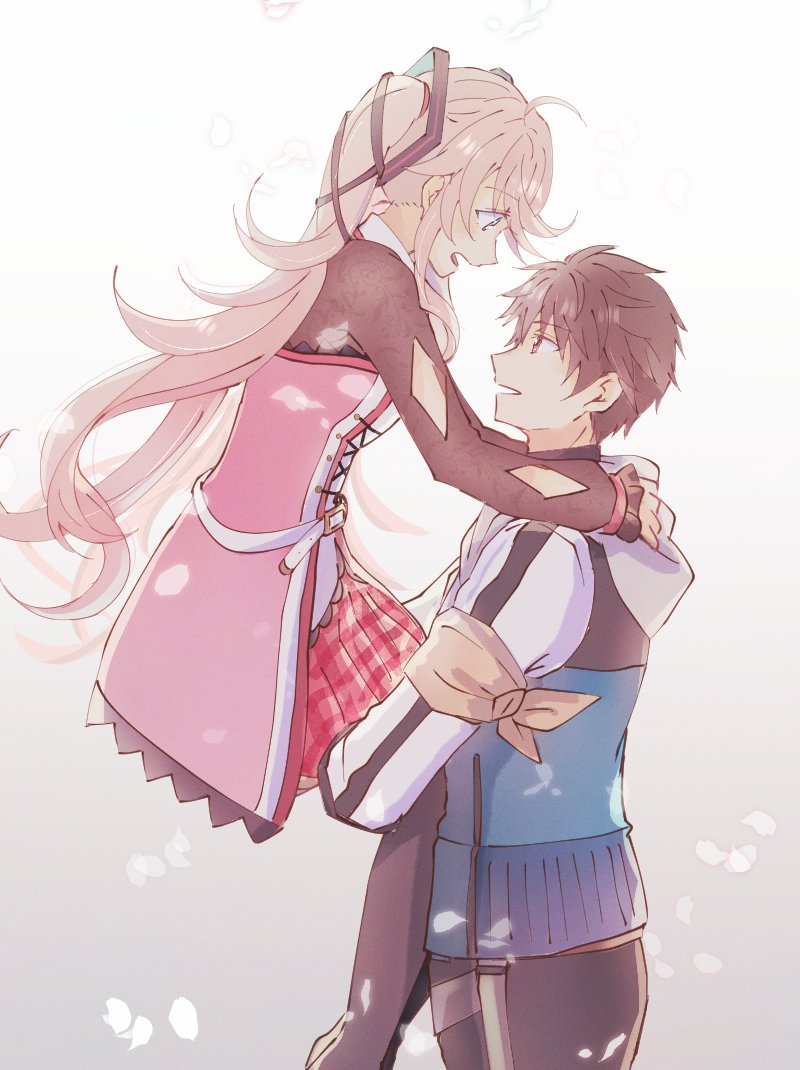 1boy, 1girl, appleajyuxxxx, arm_scarf, blue_eyes, brown_hair, choker, eiyuu_densetsu