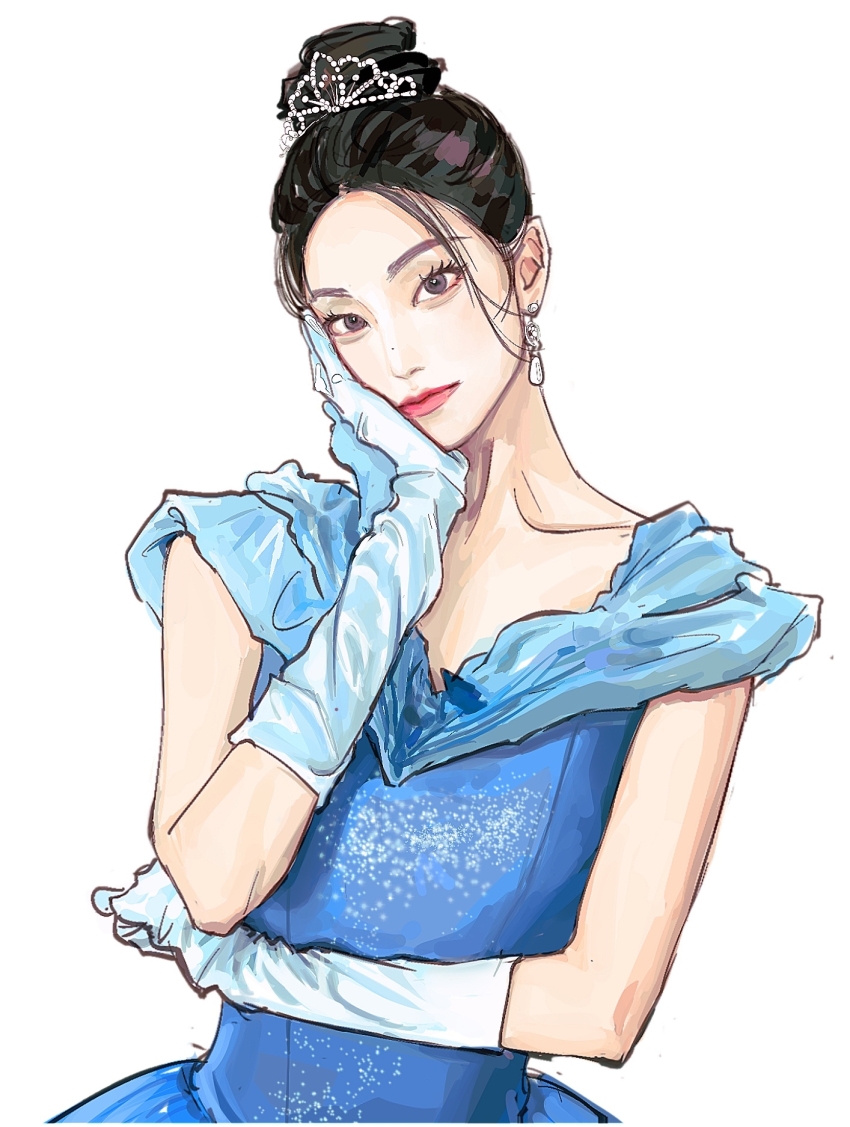 1girl, black_hair, blue_dress, blue_gloves, chinese_commentary, collarbone, dress, earrings