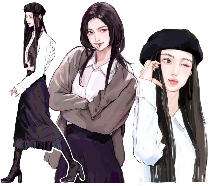 1girl, absurdres, beret, black_footwear, black_hair, black_headwear, black_skirt, boots, brown_jacket, collared_shirt, commentary, crossed_arms, danielle_(newjeans), earpiece, full_body, hair_behind_ear, hat, high_heel_boots, high_heels, highres, jacket, jiu_hao_taiyang_de_shexian, k-pop, leaning_to_the_side, long_hair, multiple_views, newjeans, one_eye_closed, real_life, realistic, shirt, skirt, smile, untranslatable_commentary, very_long_hair, walking, white_shirt