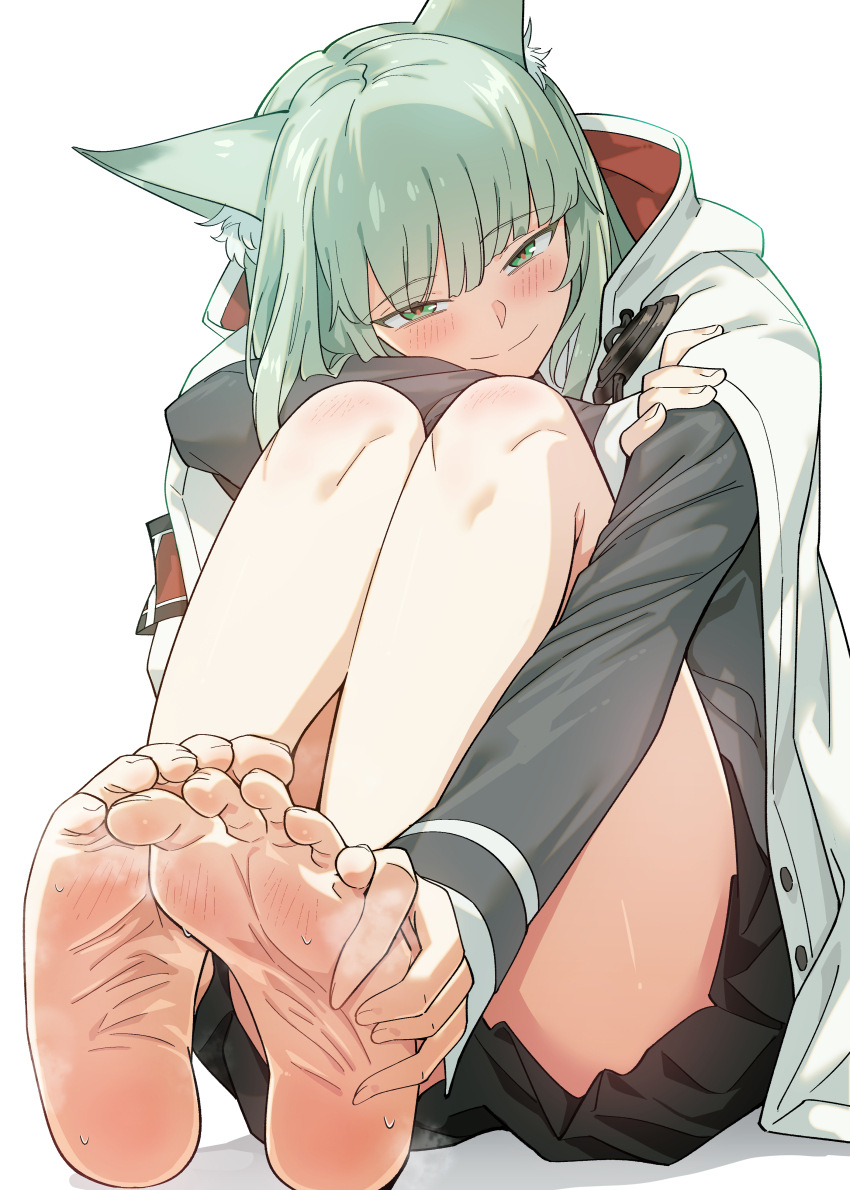 1girl, absurdres, animal_ear_fluff, animal_ears, arknights, bag_charm, barefoot, black_skirt