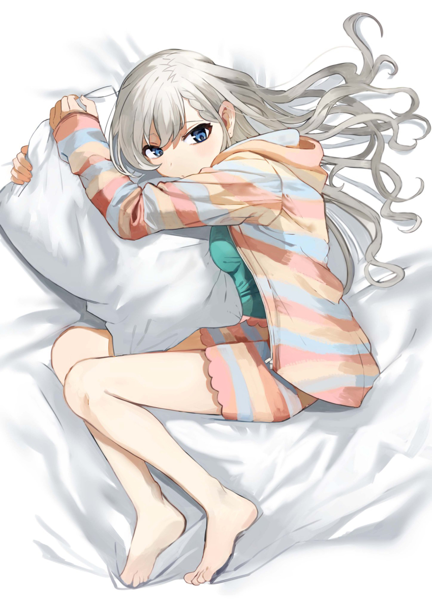 1girl, barefoot, bed_sheet, blue_eyes, blue_pajamas, blue_shorts, braid, braided_bangs