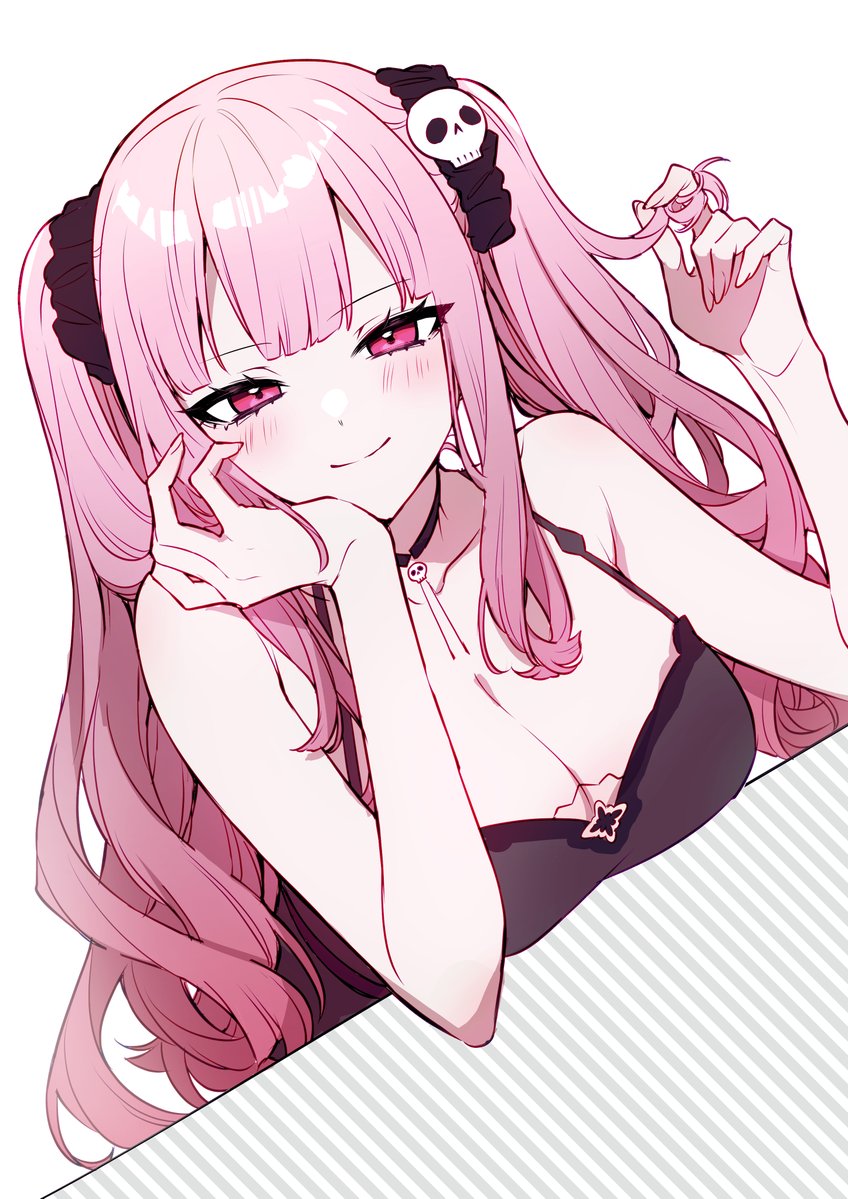 1girl, alternate_hairstyle, aneco_(westsea1227), black_nightgown, black_scrunchie, breasts, cleavage, collarbone