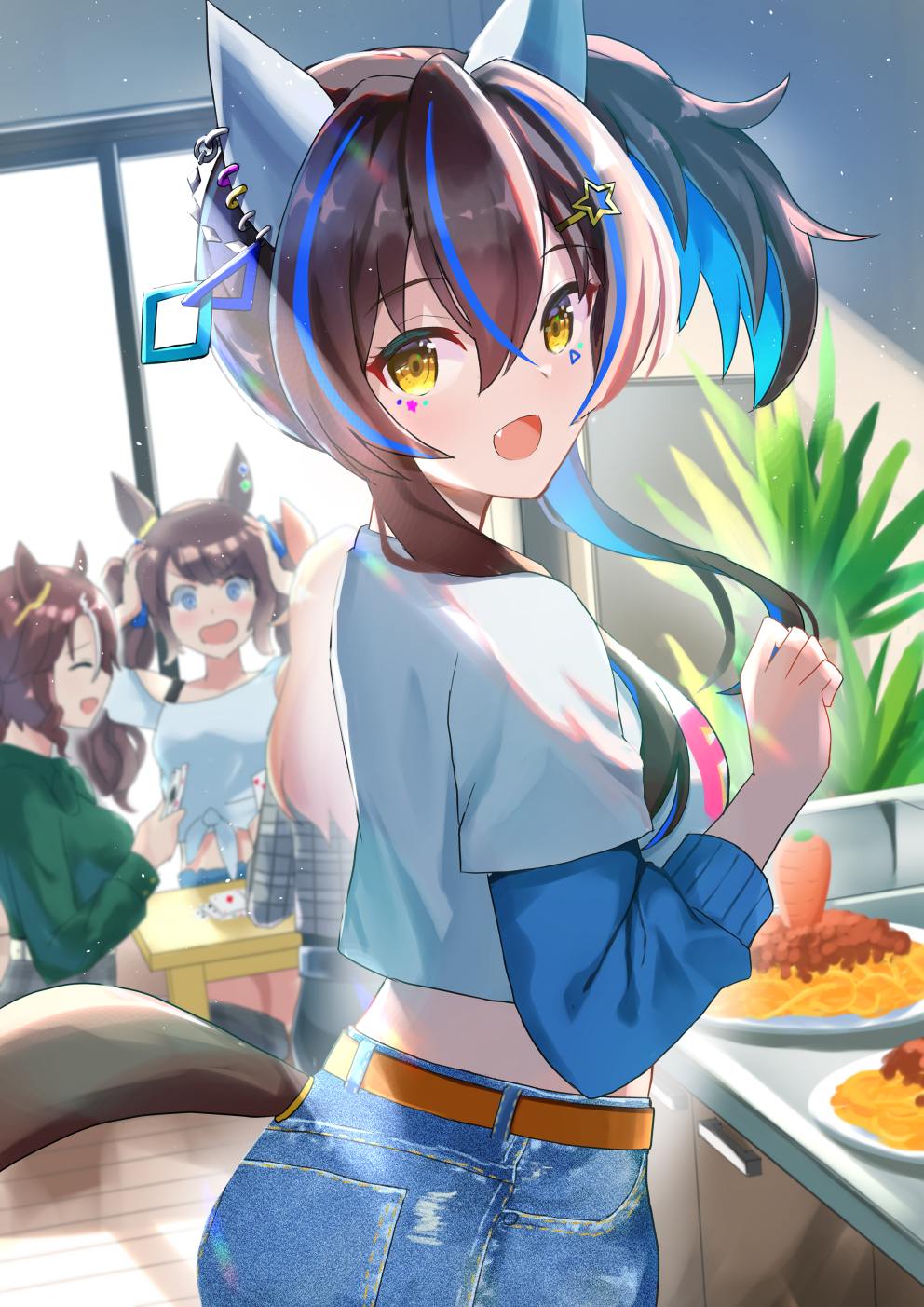 3girls, :d, amekaji_gyaru, animal_ears, belt, blue_hair, brown_belt, brown_hair