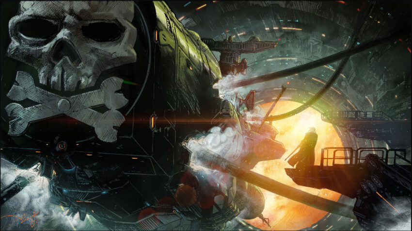 1boy, aleksi_briklot, arcadia, cable, cape, commentary, damaged, dirty, english_commentary, fog, hangar, harbor, harlock, harlock_saga, hose, ink_(medium), jolly_roger, lens_flare, light, machinery, marker_(medium), pirate_ship, realistic, traditional_media