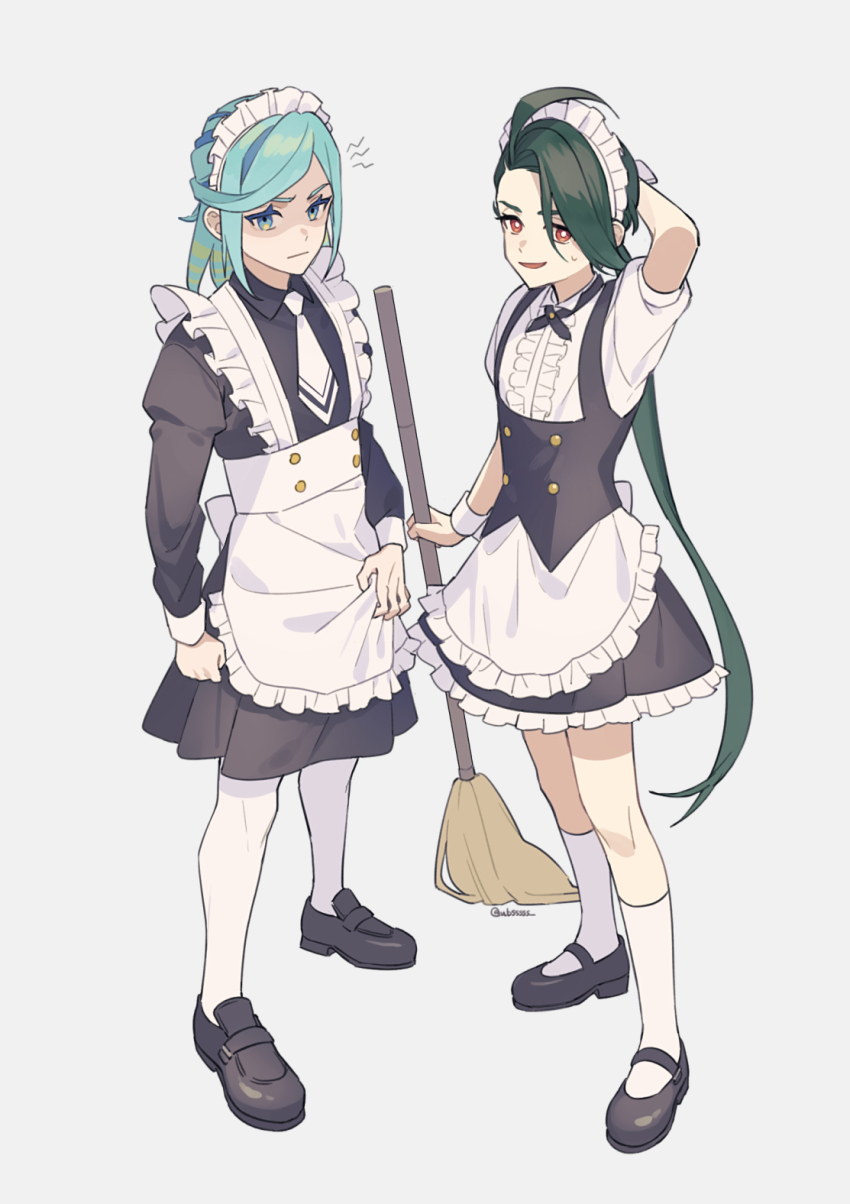 1boy, 1girl, ahoge, alternate_costume, apron, arm_behind_head, black_dress, black_footwear