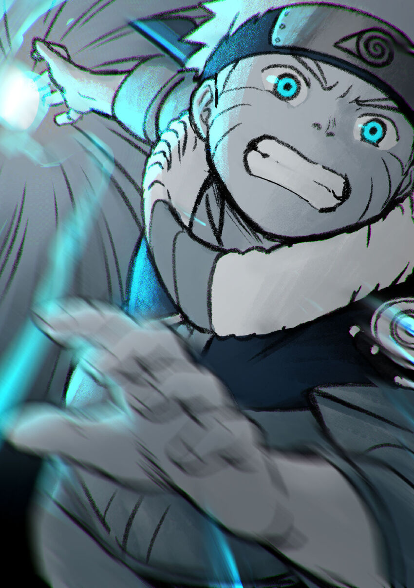 1boy, blue_eyes, child, commentary, commentary_request, energy, energy_ball, facial_mark, forehead_protector, glowing, highres, incoming_attack, looking_at_viewer, male_focus, naruto_(classic), naruto_(series), ninja, norijaga, partially_colored, rasengan, simple_background, solo, spiked_hair, spot_color, teeth, uzumaki_naruto, weapon, whisker_markings