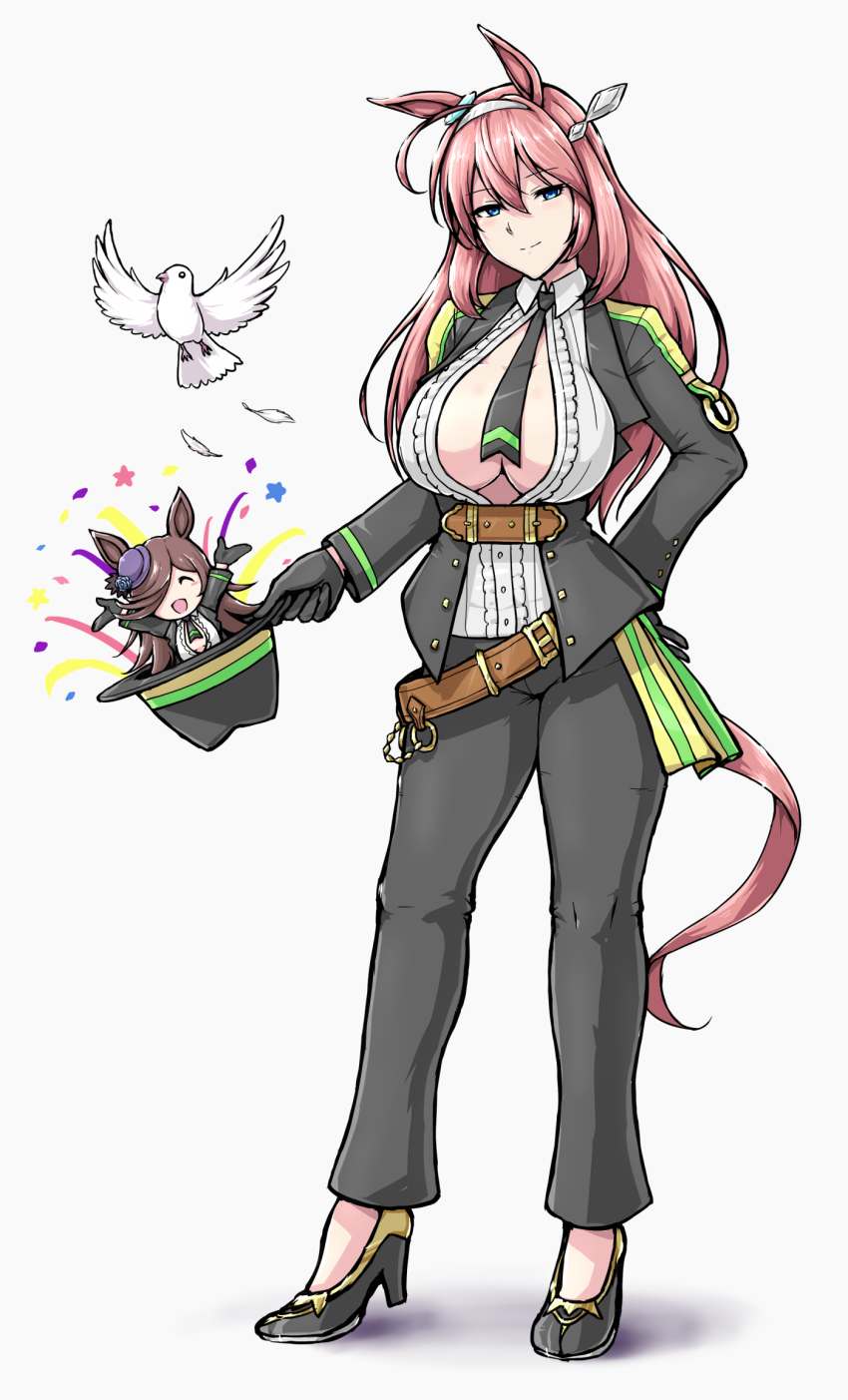 2girls, :d, ahoge, alternate_costume, animal_ears, arms_up, belt, bird