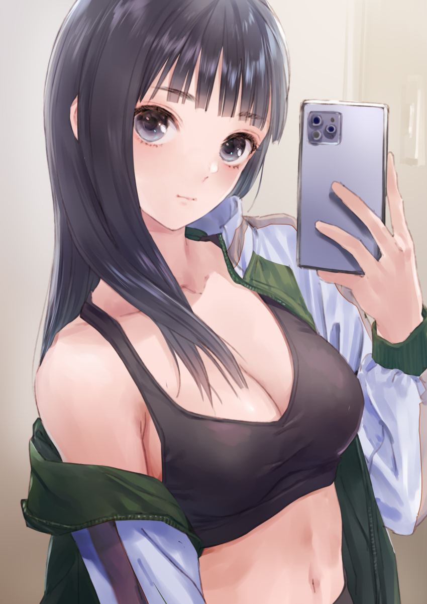 1girl, absurdres, black_eyes, black_hair, black_sports_bra, blue_reflection_(series), blue_reflection_sun, blunt_bangs