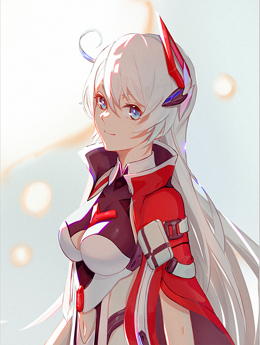 1girl, ahoge, blue_eyes, breasts, capelet, cleavage_cutout, closed_mouth, clothing_cutout