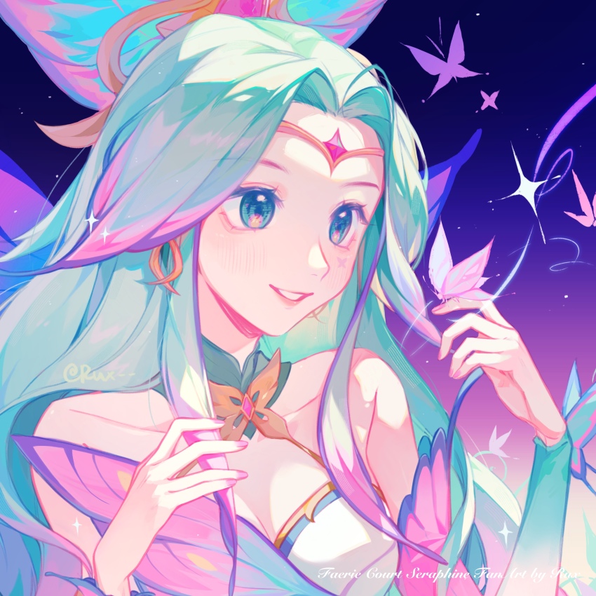 1girl, absurdres, artist_name, bare_shoulders, bow, breasts, bug, butterfly