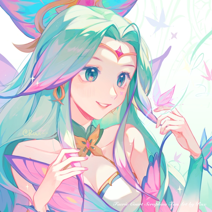 1girl, absurdres, artist_name, bare_shoulders, bow, breasts, bug, butterfly