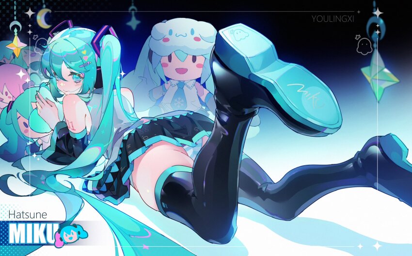 1girl, absurdly_long_hair, aqua_hair, ass, bare_shoulders, black_boots, black_skirt, black_sleeves, blue_background, blue_necktie, blush_stickers, boots, carelier11, character_doll, character_name, cinnamoroll, closed_mouth, colored_shoe_soles, crescent, dark_background, doll, dot_nose, eyelashes, feet_up, from_behind, fuwa_fuwa_cinnamoroll, gradient_background, grey_shirt, grey_sleeves, hair_between_eyes, hair_ornament, hairclip, hatsune_miku, headset, heart, highres, legs_apart, light_blush, long_hair, looking_at_viewer, looking_back, necktie, no_nose, number_tattoo, panties, pantyshot, pleated_skirt, sakura_miku, sanrio, shadow, shirt, shoe_soles, shoulder_tattoo, shy, skindentation, skirt, sleep_mask, sleeveless, sleeveless_shirt, snowflake_print, solid_oval_eyes, solo, star_(symbol), striped_clothes, striped_panties, stuffed_toy, tareme, tattoo, thick_thighs, thigh_boots, thighhighs, thighs, twintails, underwear, very_long_hair, vocaloid, white_background, white_panties, white_shirt, yuki_miku, yuki_miku_(2011), zettai_ryouiki