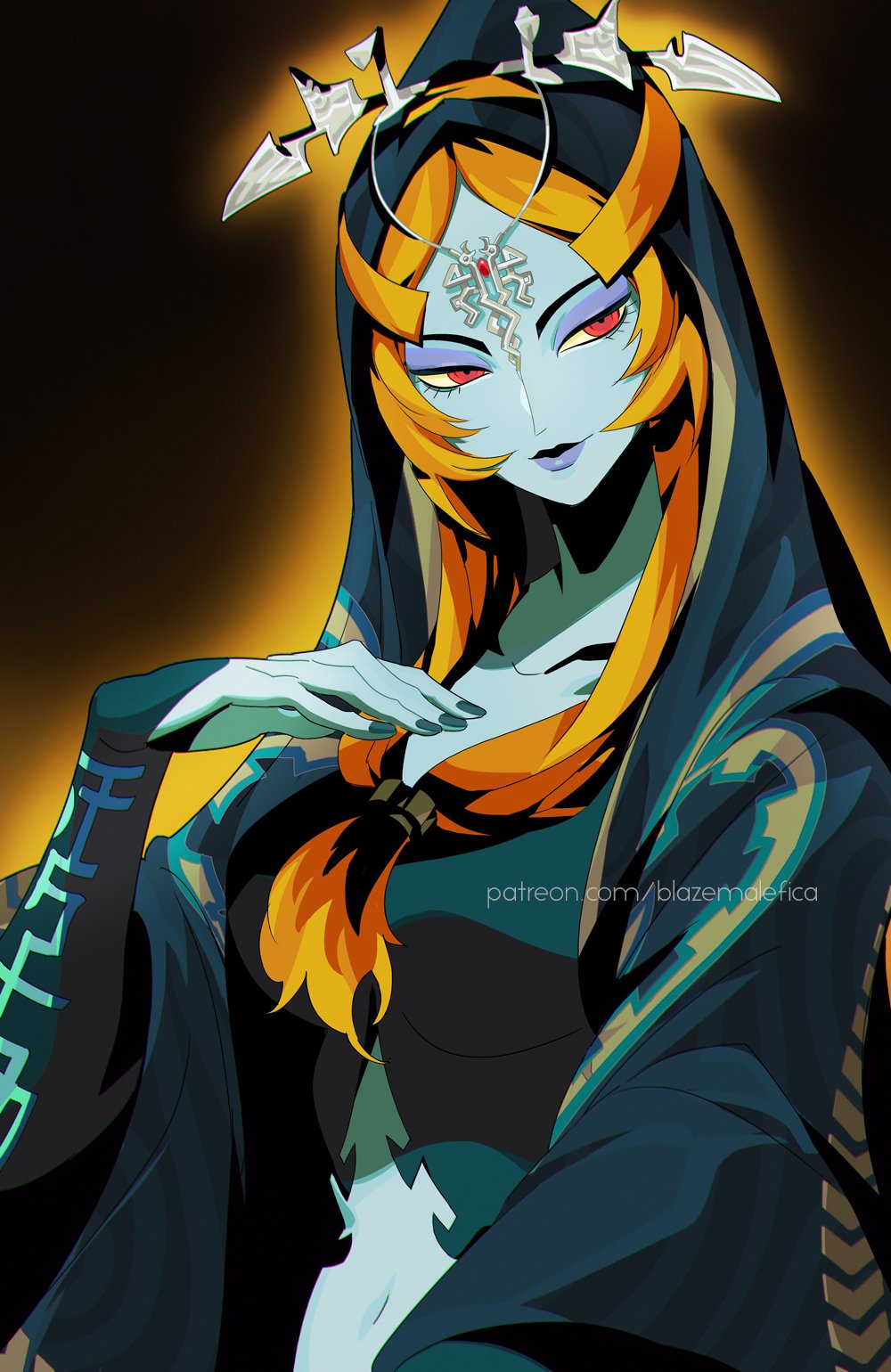 1girl, blazemalefica, blue_skin, breasts, closed_mouth, collarbone, colored_skin, front_ponytail, gradient_background, green_nails, hand_up, highres, hood, hood_up, large_breasts, long_hair, midna, midna_(true), nail_polish, nintendo, orange_background, orange_hair, pointy_ears, red_eyes, solo, the_legend_of_zelda, the_legend_of_zelda:_twilight_princess, watermark, web_address