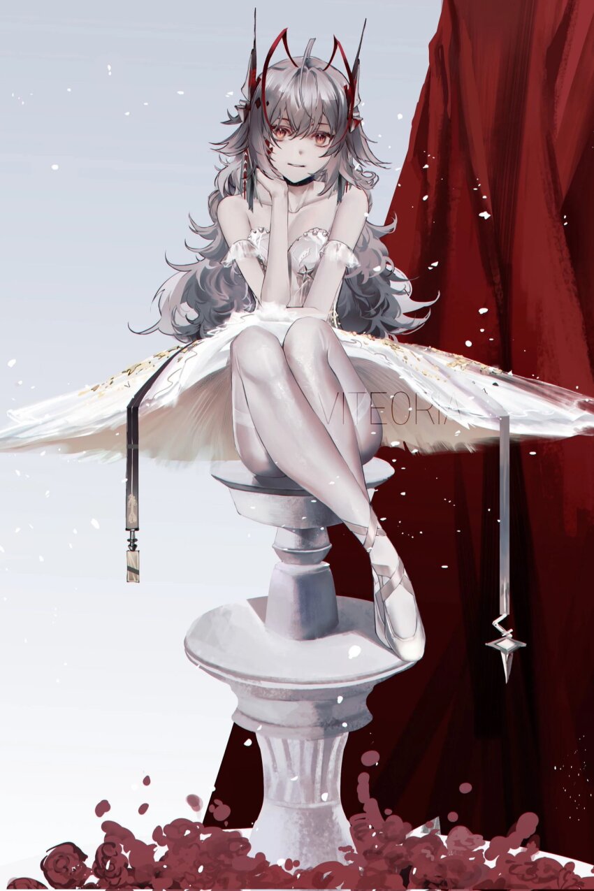 1girl, alternate_hair_length, alternate_hairstyle, antenna_hair, arknights, ballerina, bare_shoulders, commentary