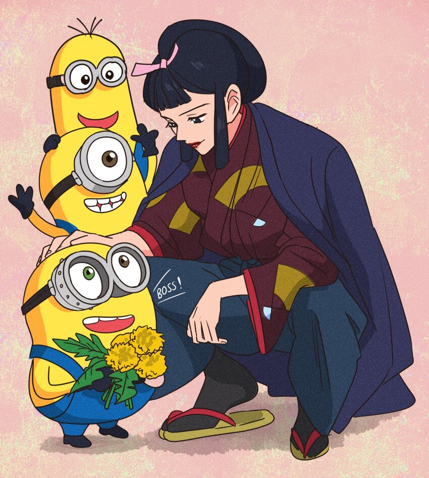 1girl, 3boys, black_eyes, black_hair, bouquet, crossover, despicable_me, eboshi