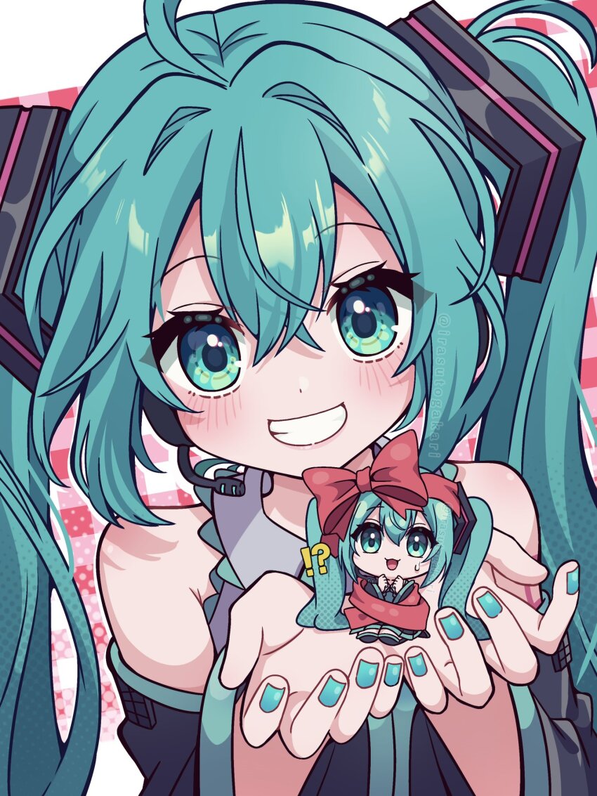 !?, 2girls, :3, ahoge, aqua_eyes, aqua_hair, aqua_nails, aqua_necktie