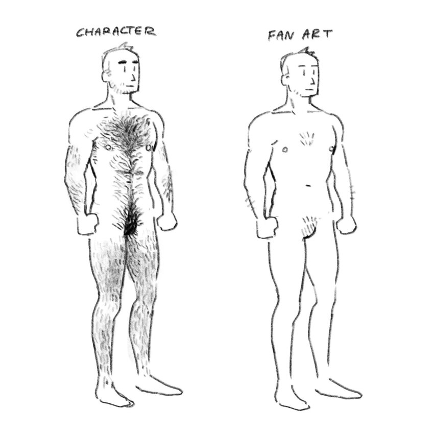 1boy, alternate_facial_hair, arm_hair, bara, blank_eyes, chest_hair, collage, completely_nude