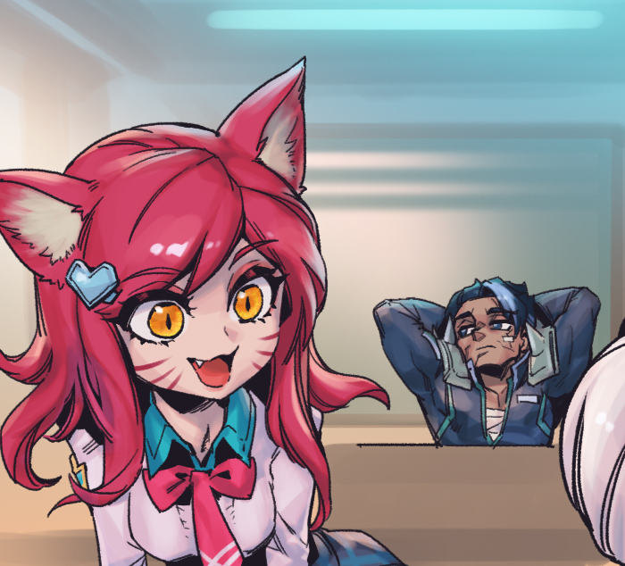 1boy, 1girl, academy_ahri, academy_darius, ahri_(league_of_legends), animal_ears, arms_behind_back, bandaid, black_hair, black_jacket, blue_hair, blurry, blurry_background, bow, bowtie, collared_shirt, darius_(league_of_legends), facial_mark, fang, fox_ears, grey_shirt, hair_ornament, happy, heart, heart_hair_ornament, jacket, league_of_legends, long_hair, long_sleeves, messy_hair, necktie, phantom_cross, pink_bow, pink_bowtie, pink_necktie, red_hair, shirt, smile, upper_body, whisker_markings, white_shirt