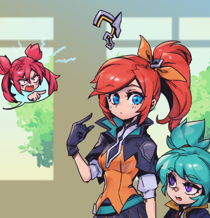 3girls, ?, anger_vein, battle_academia_lux, battle_academia_poppy, belt, black_gloves, black_jacket