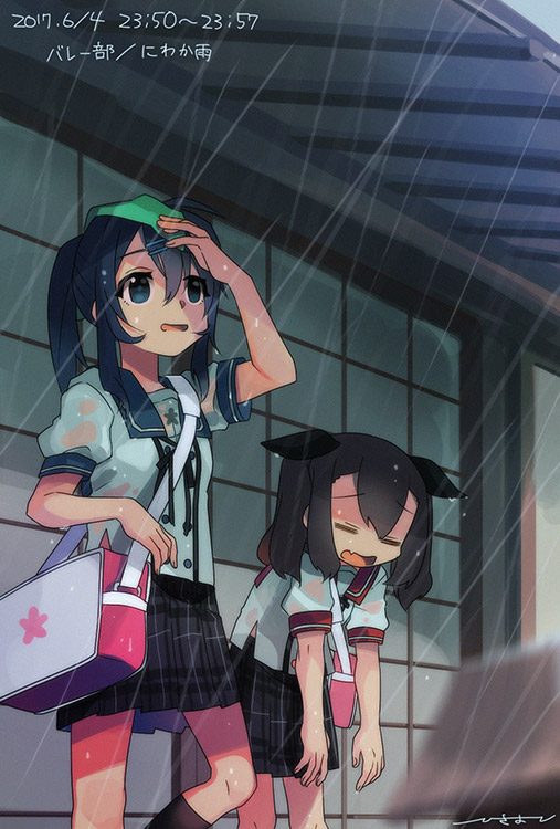 2girls, bag, blue_eyes, brown_hair, closed_eyes, ensemble_girls!, facing_down, hisayoshi_(hisa)