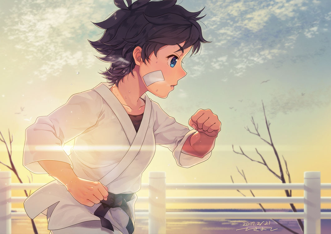 1girl, androgynous, belt, black_belt, black_hair, blue_eyes, blue_sky, ensemble_girls!