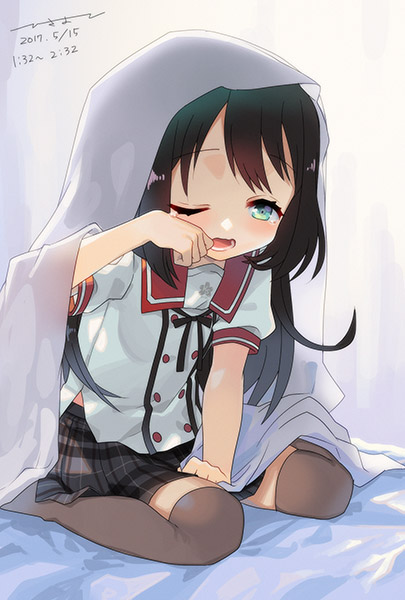 1girl, black_hair, black_thighhighs, blue_eyes, blush, covering_with_blanket, ensemble_girls!, hino_kurumi