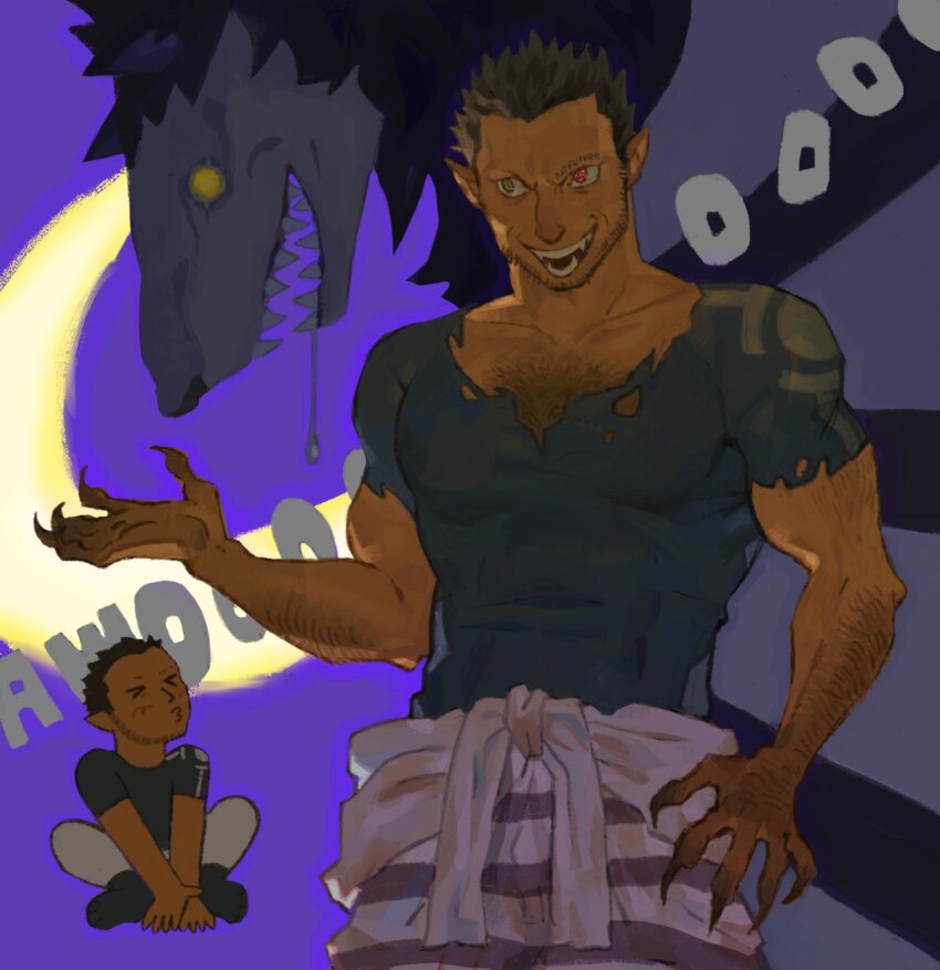 >_<, 1boy, :o, arm_hair, bara, beard, chest_hair, chibi