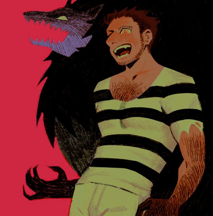 1boy, arm_hair, bara, beard, chest_hair, cowboy_shot, facial_hair, fingernails