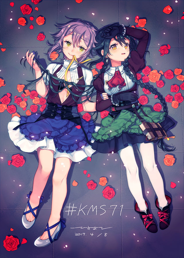 2girls, black_gloves, black_hair, blush, braid, closed_mouth, dress, ensemble_girls!