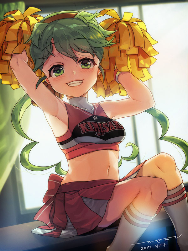 1girl, blush, cheerleader, crop_top, ensemble_girls!, green_eyes, green_hair, harukaze_nana