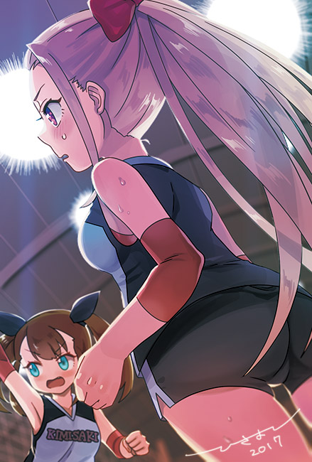 2girls, black_shirt, black_shorts, blue_eyes, blush, brown_hair, ensemble_girls!, facing_to_the_side, high_ponytail, hisayoshi_(hisa), long_hair, looking_to_the_side, medium_hair, multiple_girls, nekozuka_mike, open_mouth, pink_hair, ponytail, purple_eyes, shirt, shorts, sportswear, sweat, twintails, umezono_kana, volleyball_uniform