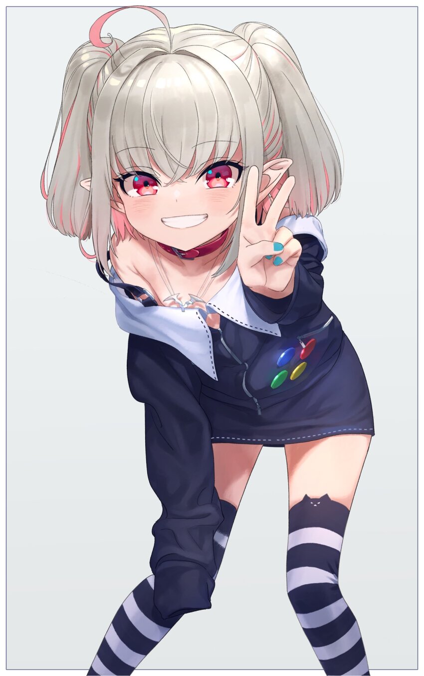 1girl, ahoge, aqua_nails, blonde_hair, border, choker, highres, long_sleeves