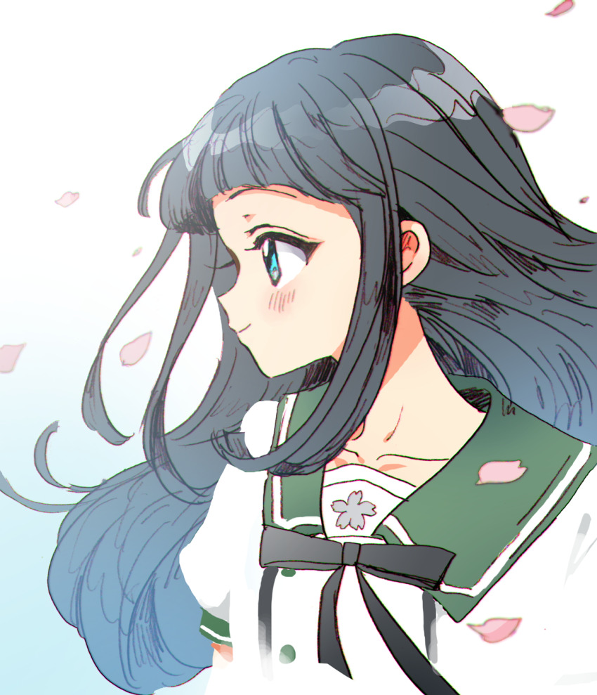 19nichi_(litedatobalita), 1girl, black_hair, blue_eyes, blunt_bangs, blush, cherry_blossoms, closed_mouth