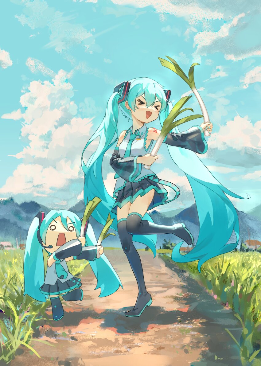 >_<, 39, :d, absurdres, aqua_eyes, aqua_hair, aqua_nails, black_footwear, black_skirt, black_sleeves, blue_necktie, boots, chi_chi3939, cloud, cloudy_sky, detached_sleeves, grey_shirt, hair_between_eyes, hair_ornament, hatsune_miku, headset, highres, long_hair, miku_day, necktie, number_tattoo, open_mouth, outdoors, pleated_skirt, shirt, skirt, sky, sleeveless, sleeveless_shirt, smile, spring_onion, tattoo, thigh_boots, thighhighs, twintails, very_long_hair, vocaloid, xd, zettai_ryouiki