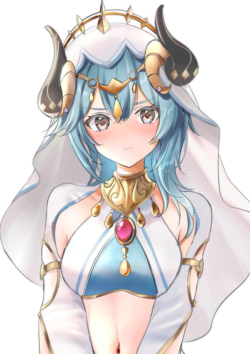 1girl, absurdres, blue_hair, breasts, brooch, commentary_request, cosplay, crop_top, eula_(genshin_impact), genshin_impact, grey_eyes, highres, horns, jewelry, long_hair, long_sleeves, looking_at_viewer, medium_breasts, midriff, navel, neck_ring, nilou_(genshin_impact), nilou_(genshin_impact)_(cosplay), raramente, simple_background, solo, stomach, upper_body, veil, white_background, white_veil