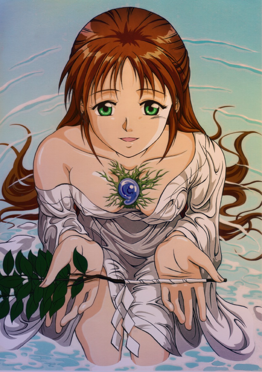 1990s_(style), 1girl, blue_seed, branch, brown_hair, female_focus, fujimiya_momiji, green_eyes
