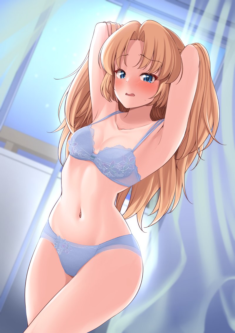 1girl, armpits, arms_behind_head, arms_up, blonde_hair, blue_bra, blue_eyes, blue_panties, blush, bra, breasts, cleavage, commission, curtains, dream_c_club_(series), dream_c_club_gogo., hisakabe_oto, indoors, long_hair, looking_at_viewer, medium_breasts, navel, open_mouth, panties, seira_(dream_c_club_gogo.), skeb_commission, solo, thighs, underwear, underwear_only, window