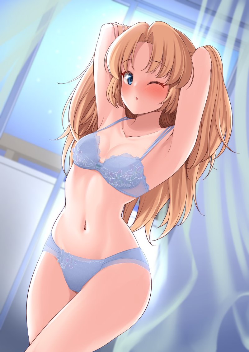 1girl, armpits, arms_behind_head, arms_up, blonde_hair, blue_bra, blue_eyes, blue_panties, blush, bra, breasts, cleavage, commission, curtains, dream_c_club_(series), dream_c_club_gogo., hisakabe_oto, indoors, long_hair, looking_at_viewer, medium_breasts, navel, one_eye_closed, panties, seira_(dream_c_club_gogo.), skeb_commission, solo, thighs, underwear, underwear_only, window