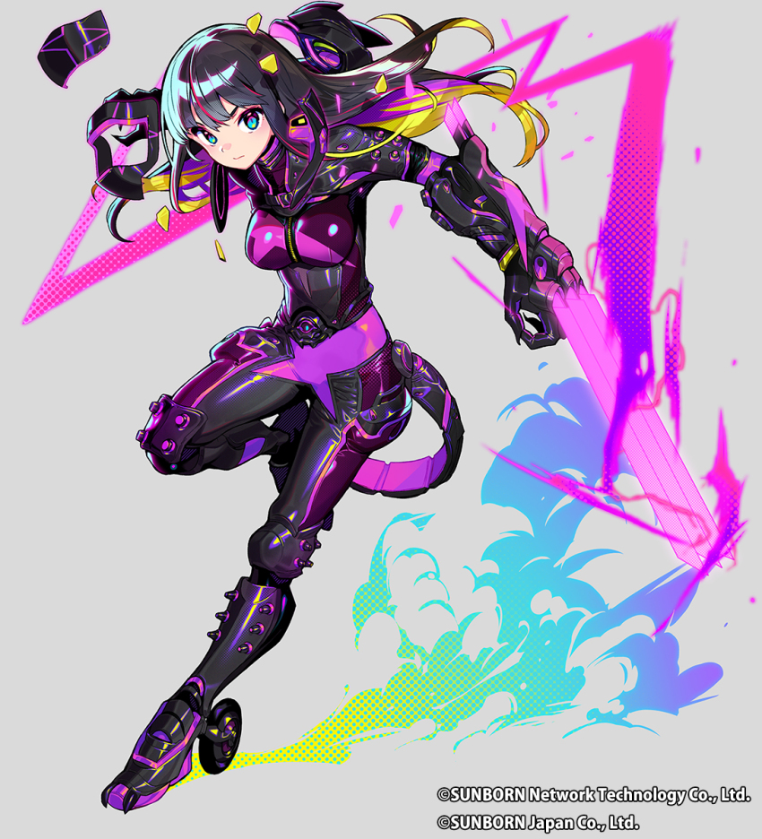 1girl, black_bodysuit, black_hair, blonde_hair, blue_eyes, bodysuit, boots, breasts, claw_(weapon), colored_inner_hair, commentary_request, frown, full_body, girls'_frontline, girls'_frontline_neural_cloud, gloves, grey_background, highres, knee_pads, leg_up, long_hair, looking_at_viewer, medium_breasts, multicolored_bodysuit, multicolored_hair, nascita_(neural_cloud), official_art, onono_imoko, purple_bodysuit, purple_hair, solo, straight_hair, weapon, zipper