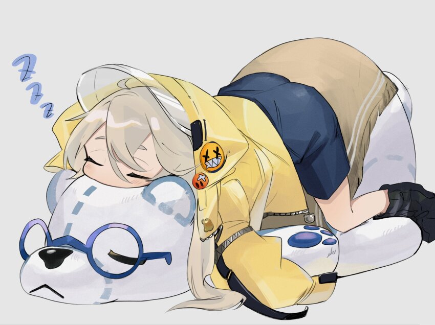 1girl, aged_down, ahoge, badge, blue_shorts, button_badge, chesed_(uporyz), closed_eyes