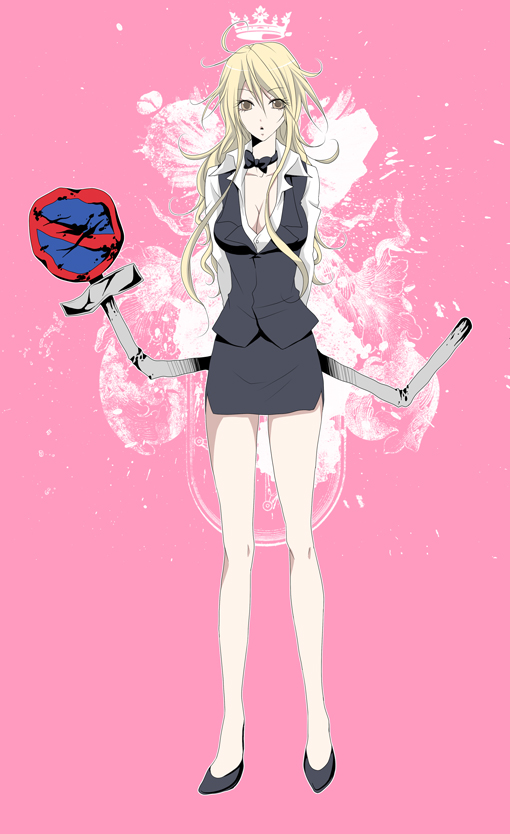 1girl, bad_id, bad_pixiv_id, blonde_hair, bow, bowtie, breasts, brown_eyes, cleavage, crown, durarara!!, female_focus, fu_yukari, genderswap, genderswap_(mtf), heiwajima_shizuo, high_heels, large_breasts, long_hair, miniskirt, pencil_skirt, shoes, sign, skirt, solo, tuxedo, vest