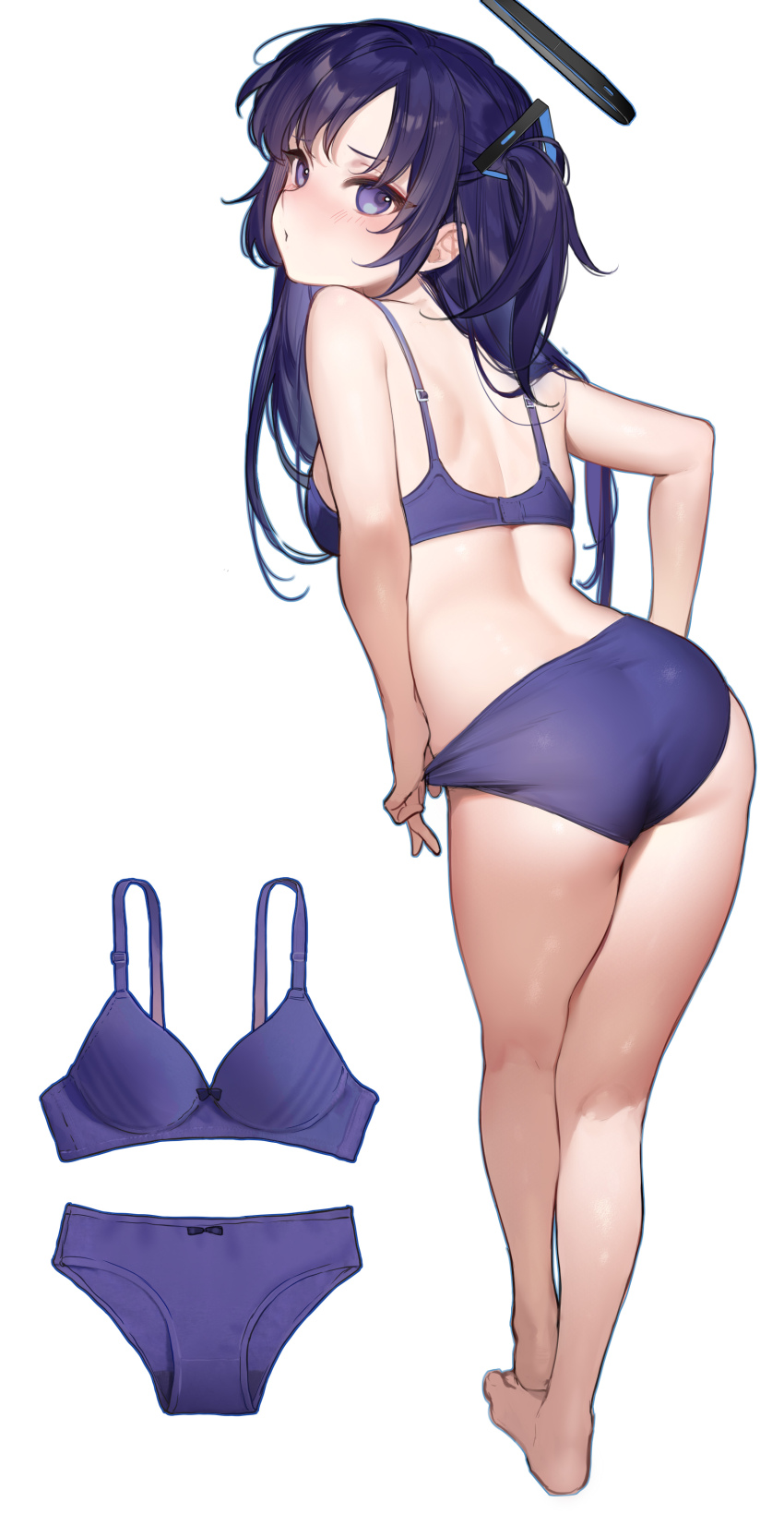 1girl, absurdres, ass, back, barefoot, blue_archive, blue_bra, blue_panties