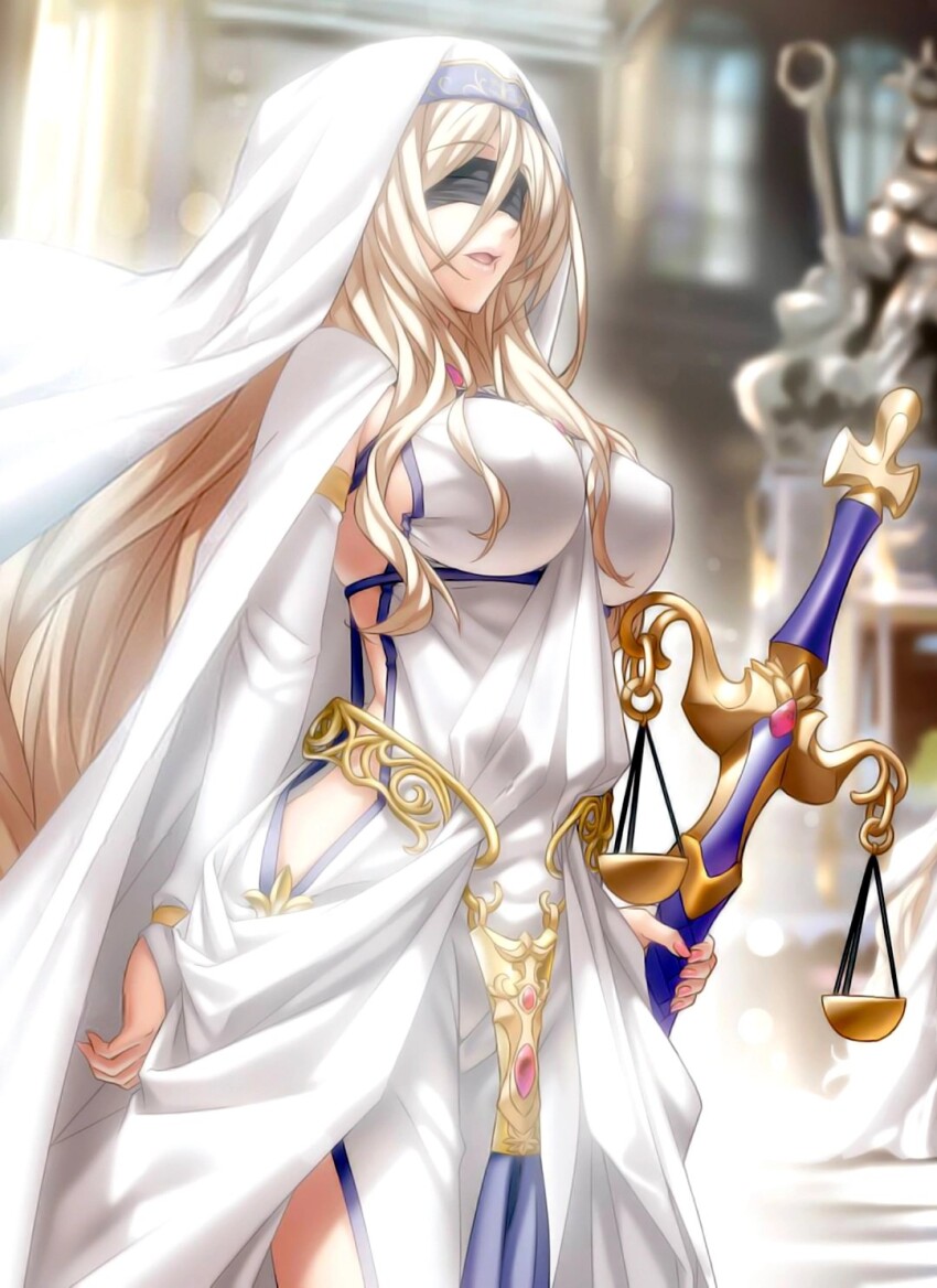 1girl, blindfold, blonde_hair, blurry, blurry_background, breasts, bridal_gauntlets, covered_erect_nipples